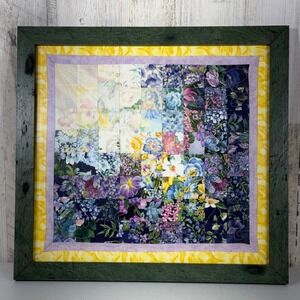 Vintage Handmade Floral Patchwork Quilted Framed Wall Art Cottage Garden Folk